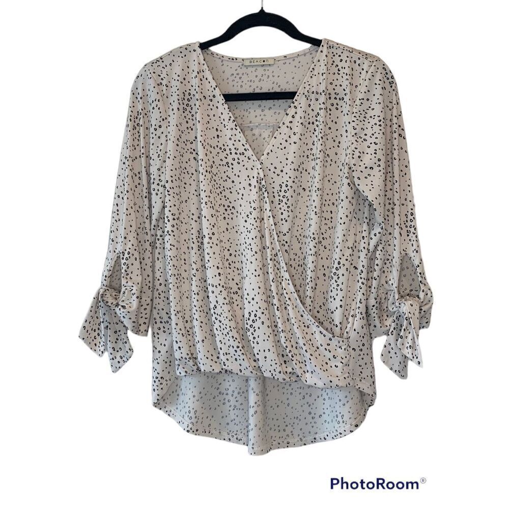 Beacon Women's White Black Polka Dot 3/4 Sleeve Tie Wrap Top Blouse Size Small